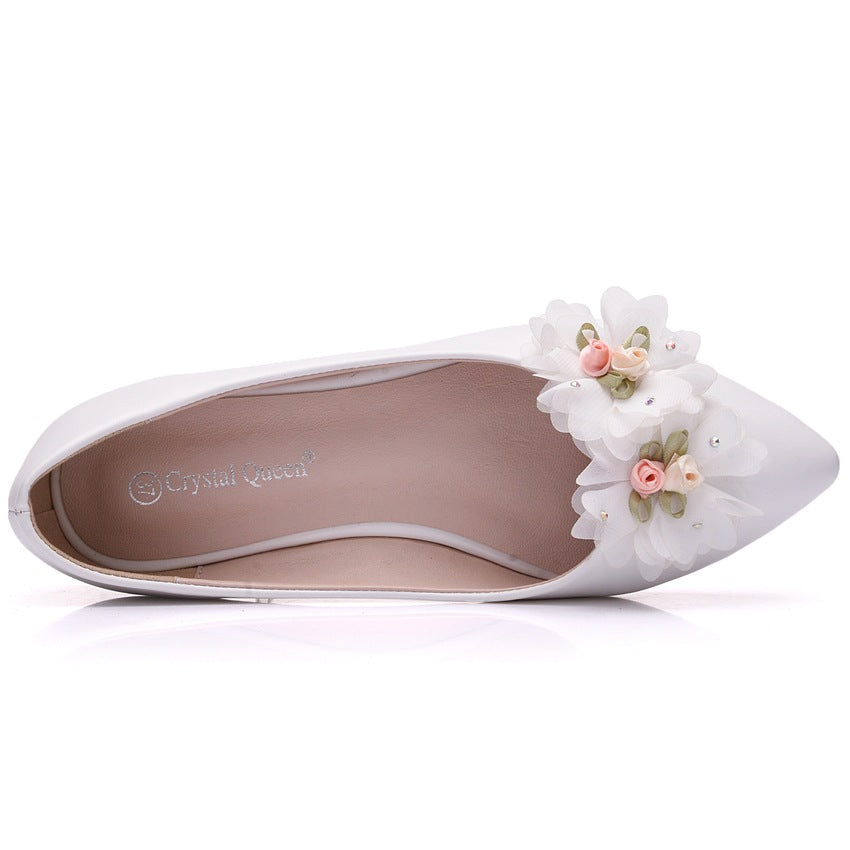Women Pointed Toe Shallow Lace Flora Rhinestone Bow Tie Bridal Wedding Flat Shoes