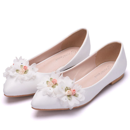 Women Pointed Toe Shallow Lace Flora Rhinestone Bow Tie Bridal Wedding Flat Shoes