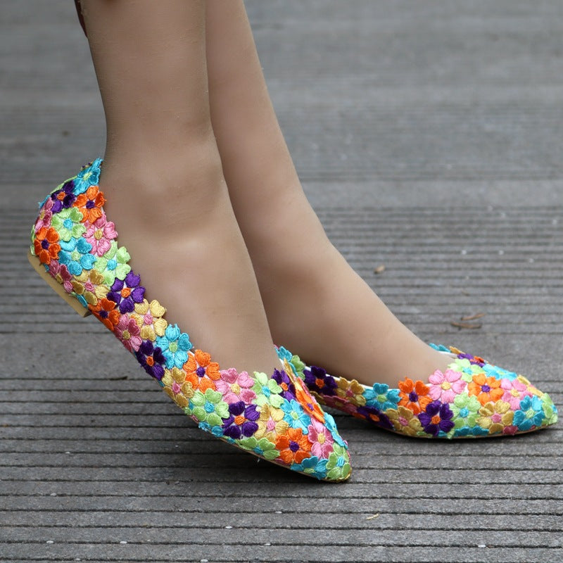 Women Pointed Toe Shallow Colorful Lace Flora Bridal Wedding Flat Shoes