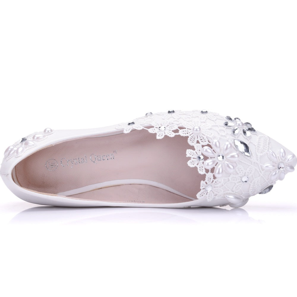 Women Pointed Toe Shallow Lace Bridal Wedding Shoes Rhinestone Pearls Flats