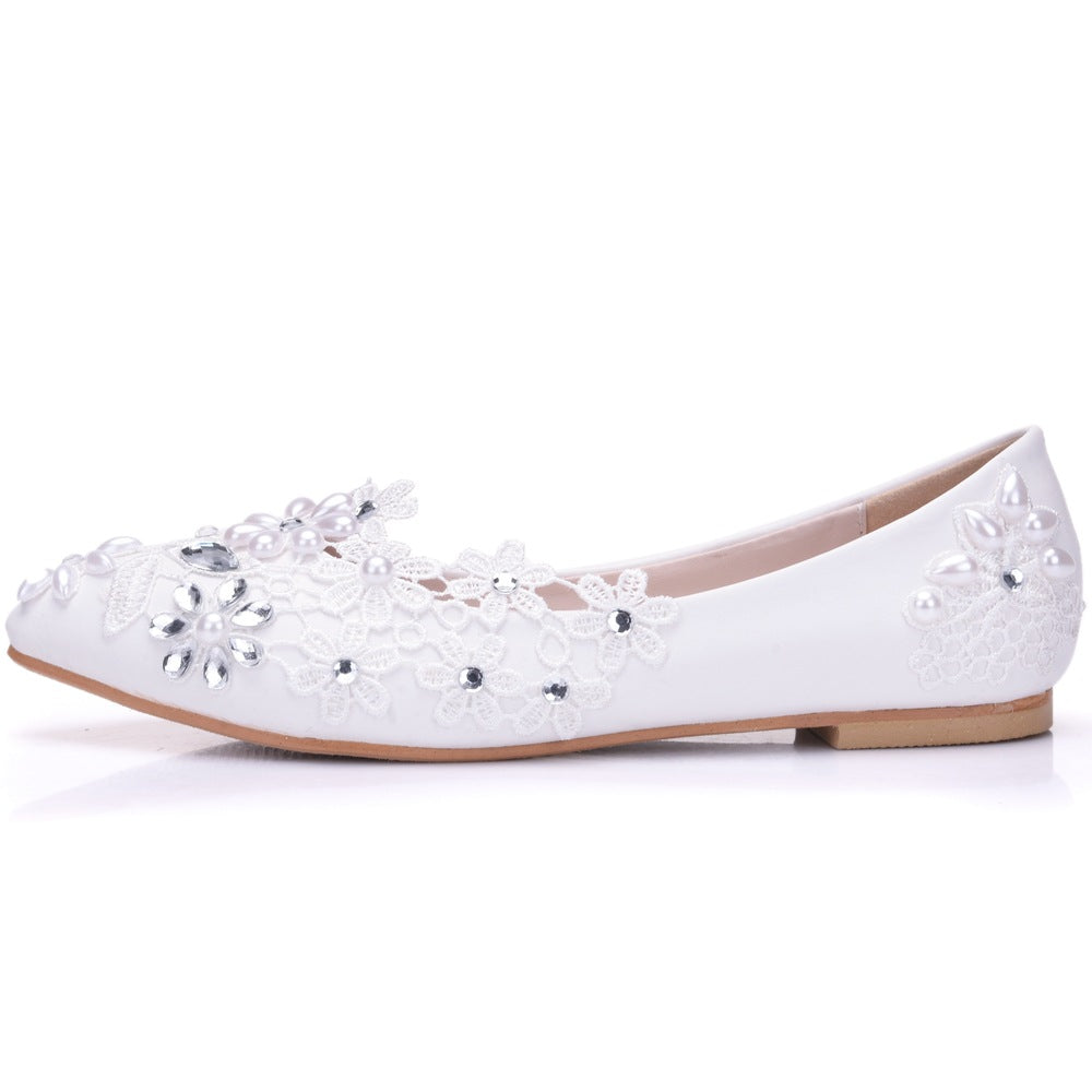 Women Pointed Toe Shallow Lace Bridal Wedding Shoes Rhinestone Pearls Flats