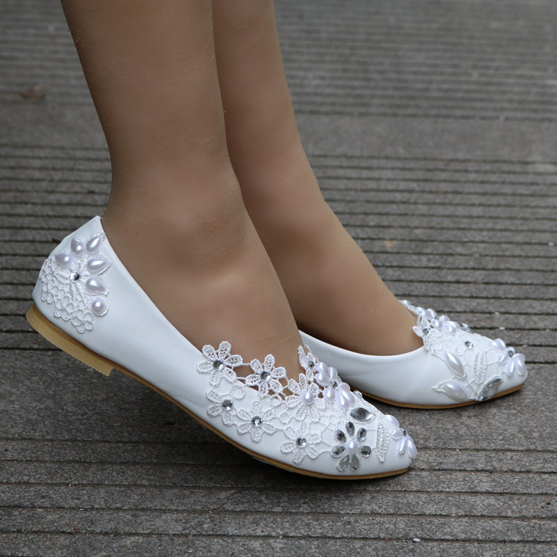 Women Pointed Toe Shallow Lace Bridal Wedding Shoes Rhinestone Pearls Flats