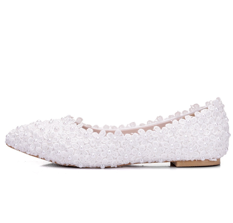 Women Pointed Toe Shallow Wedding Lace Flora Pearls Flats