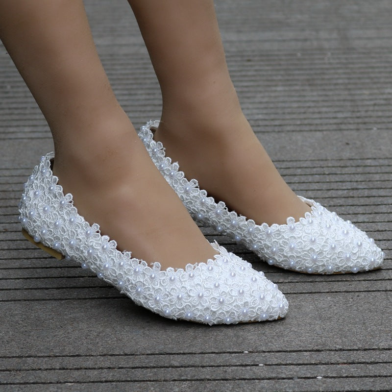 Women Pointed Toe Shallow Wedding Lace Flora Pearls Flats