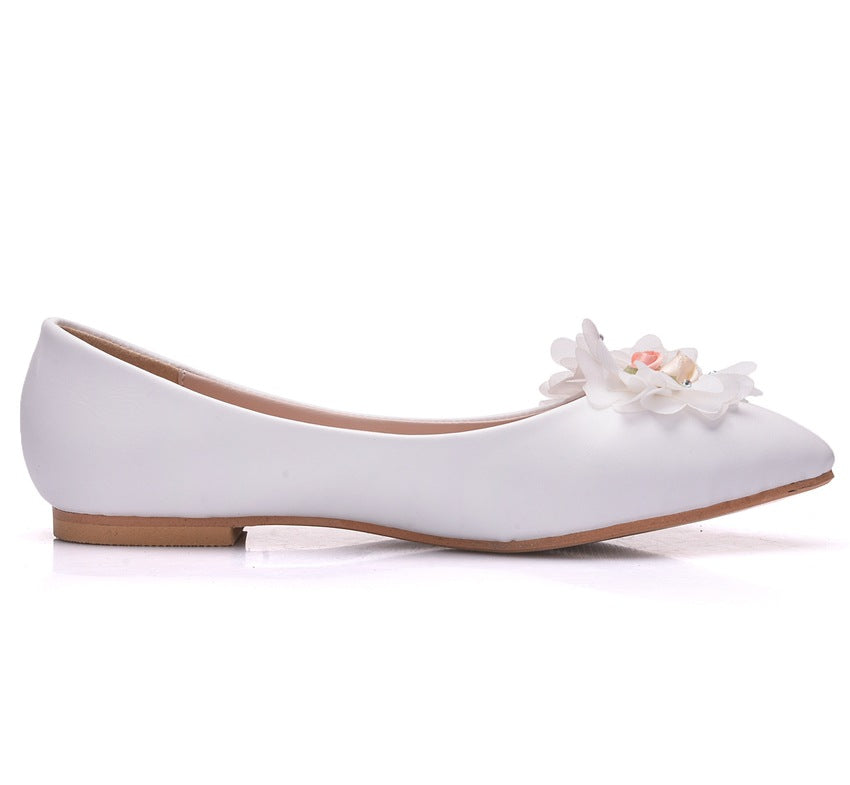 Women Pointed Toe Shallow Lace Flora Rhinestone Bow Tie Bridal Wedding Flat Shoes
