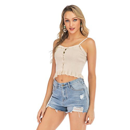 Sweet Pleated Ruffle Sleeveless Short Halter Women Top Tank