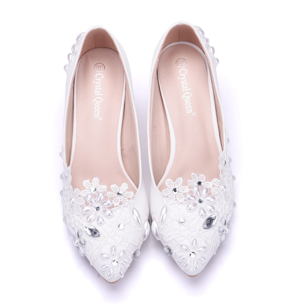 Women Stiletto Heel Pointed Toe Pumps Rhinestone Lace Flora Beads