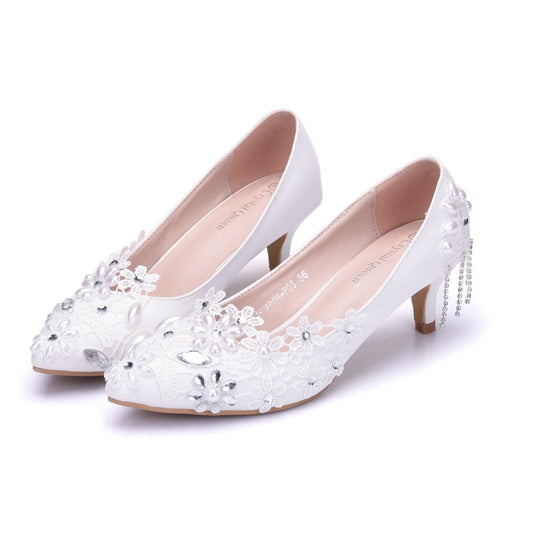 Women Stiletto Heel Pointed Toe Pumps Rhinestone Lace Flora Beads