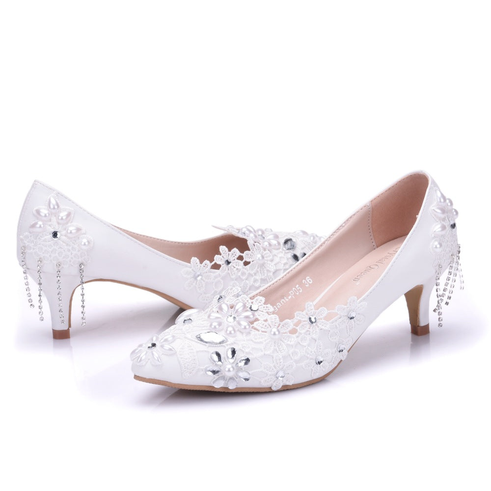 Women Stiletto Heel Pointed Toe Pumps Rhinestone Lace Flora Beads