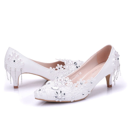 Women Stiletto Heel Pointed Toe Pumps Rhinestone Lace Flora Beads