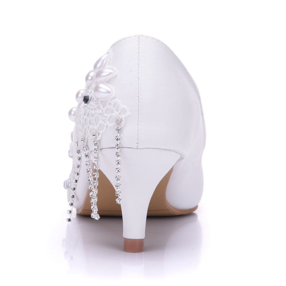 Women Stiletto Heel Pointed Toe Pumps Rhinestone Lace Flora Beads