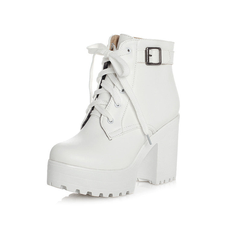 Lace Up Buckle Chunky Heel Motorcycle Boots for Women 7883