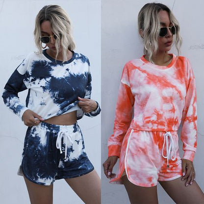 Womens Tie Dye Printing Leisure Home Top and Shorts Two-piece Set Sportswear