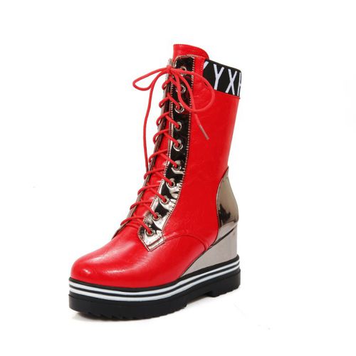 Women Platform Wedges Lace Up Mid Calf Boots