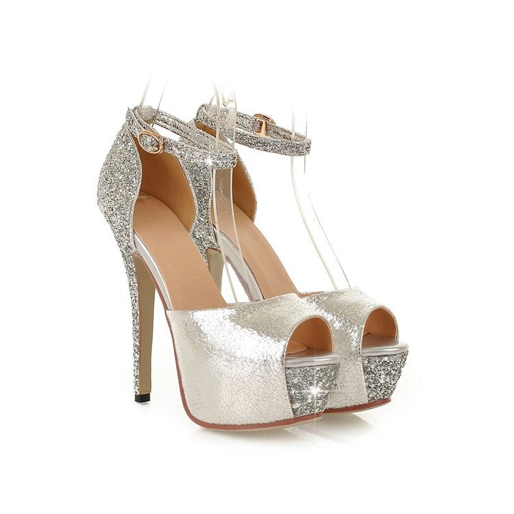 Women's Fish Mouth Sequins Platform Stiletto Sandals