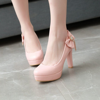 Women Chunky Heel Pumps Bow High Heels Platform Shoes 8056