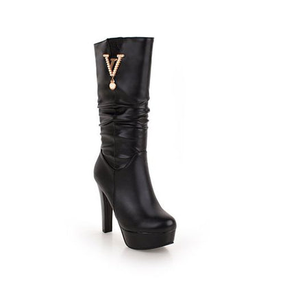 Women Pearl High Heels Platform Mid Calf Boots