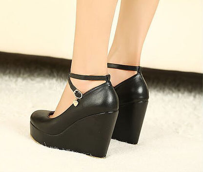 Women Round Toe Crossed Ankle Strap Straps Wedge Heel Platform Pumps