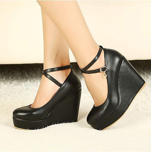 Women Round Toe Crossed Ankle Strap Straps Wedge Heel Platform Pumps