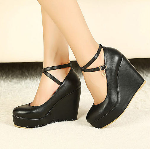 Women Round Toe Crossed Ankle Strap Straps Wedge Heel Platform Pumps