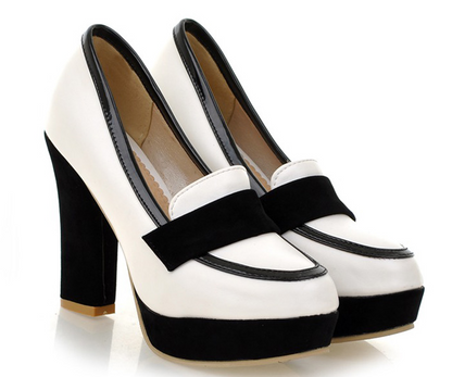 Women Platform Pumps Black and White Pu Leather High Heels Shoes Woman 3409