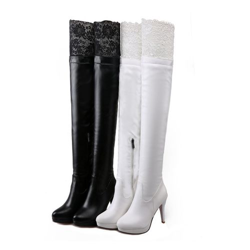 Women Lace Platform High Heels Knee High Boots