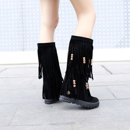 Women Tassel Platform Wedges Mid Calf Boots