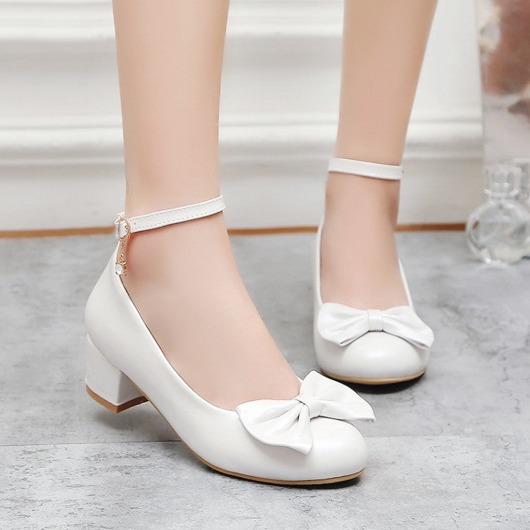 Women Pumps Ankle Straps Medium Heel Bowtie Patent Leather Shoes Woman 3535