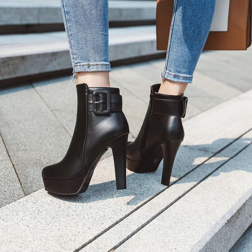 Women's Buckle Zipper High Heels Platform Short Boots