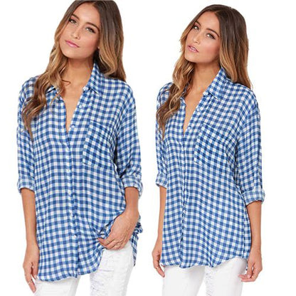 Blue Plaid Spring Slim Straight Casual Women Blouses