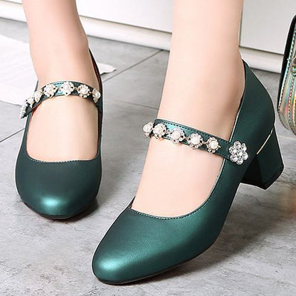 Women Rhinestone Mary Jane High Heeled Chunky Heels Pumps