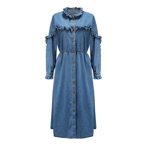 Fashion Winter Fall Flounce Long Sleeves Dip Hem Slit Long Denim Women's Dresses