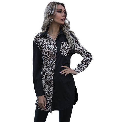 Women Leopard Print Stitching Mid-length Shirt Long Sleeve Blouse