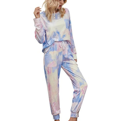 Womens Gradient Pajamas Tie-dye Long-sleeved Pullover Tops Trousers Home Two-piece Suit