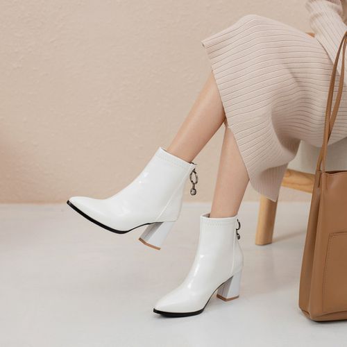 Women Pointed Toe Patent Leather High Heels Short Boots