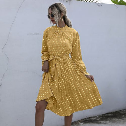 Women Lotus Leaf Sleeve Polka-dot Long Sleeved Dress