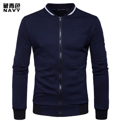 Men's Argyle Contrast Color Zipper Stand-Up Collar Casual Sweater Blazer