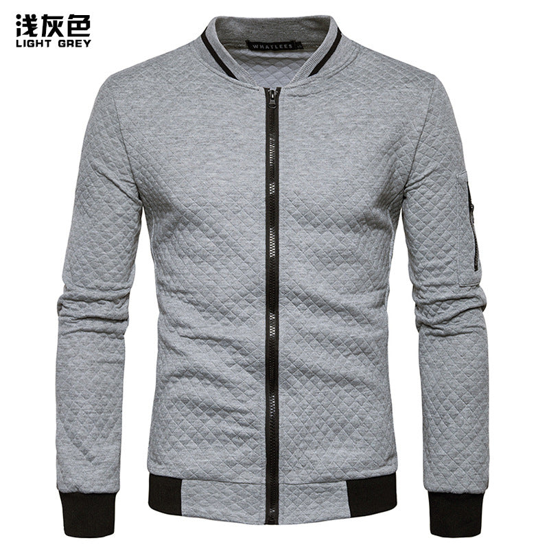 Men's Argyle Contrast Color Zipper Stand-Up Collar Casual Sweater Blazer