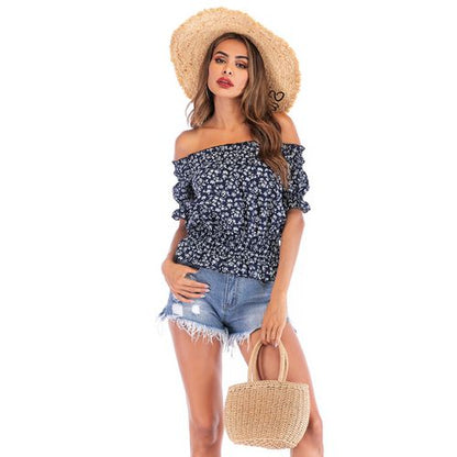 Off-shoulder Sexy Off Shoulder Foam Sleeve Top Floral Waist   Women Chiffon Shirt Blouses