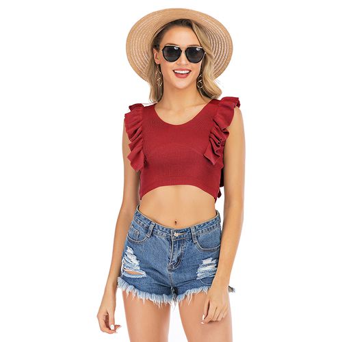 Summer Ruffle Slim Solid Color Versatile Knitting Short Suspender Tank for Women