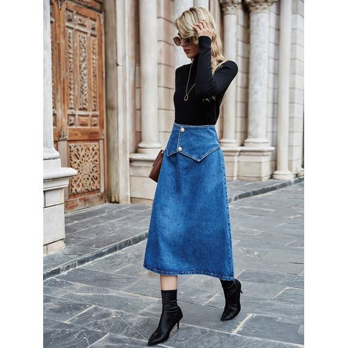 Ins Fashion Split Joint Pearl Button Denim Long Women Skirts