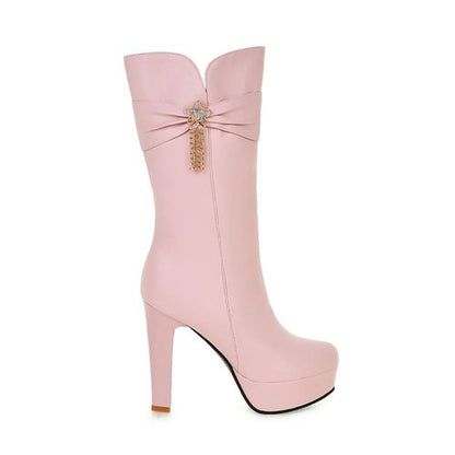 Women Rhinestone Flower High Heels Platform Mid Calf Boots