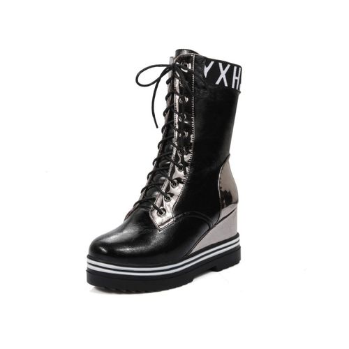 Women Platform Wedges Lace Up Mid Calf Boots