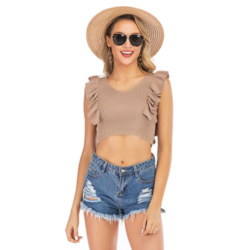 Summer Ruffle Slim Solid Color Versatile Knitting Short Suspender Tank for Women