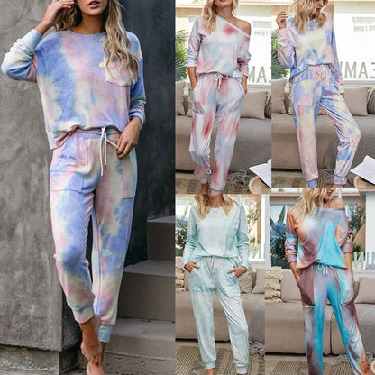 Womens Gradient Pajamas Tie-dye Long-sleeved Pullover Tops Trousers Home Two-piece Suit