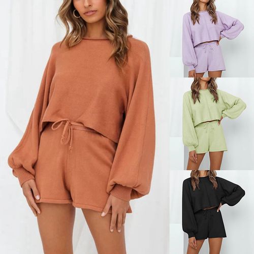 Womens Lantern Sleeve Sweater Shorts Home Suit