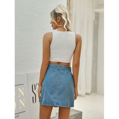 Retro High Waist All-matched Belt Design Short Denim Washable Women Skirts