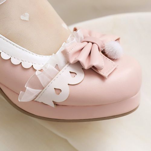 Women Lace Buckle Chunky Heel Pumps Mary Janes Shoes with Bowtie