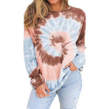 Womens Gradient Long Sleeve Tie Dyed T Shirt Top Round Neck Sweater