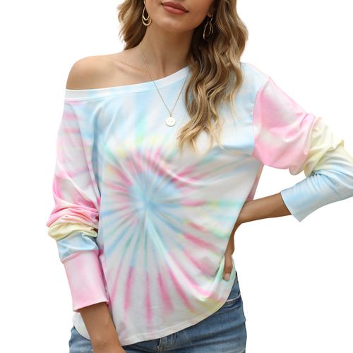 Women Tie-dye Gradient Off-the-shoulder T-shirt Long Sleeved Top